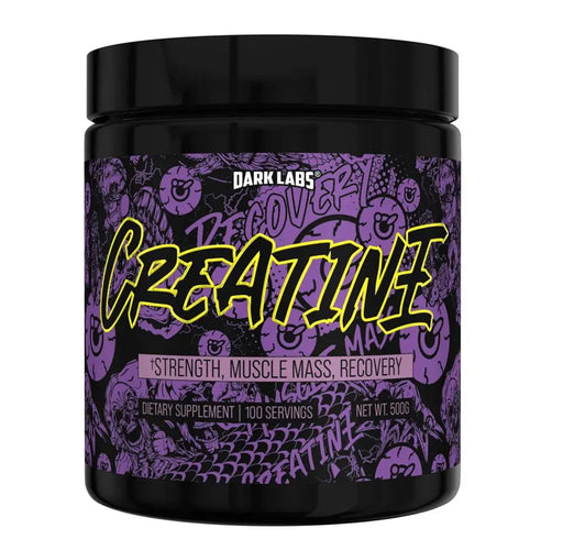 Dark Labs Creatine supplement container with a black lid and a black and purple label. The label features the product name 'Creatine' in bold yellow text, along with benefits like 'Strength, Muscle Mass, Recovery.' The container holds 500 grams and offers 100 servings.