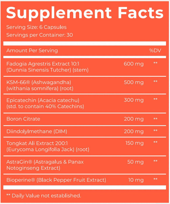 Supplement facts label for Dark Labs Devil Test, listing the ingredients and their amounts per serving, including Fadogia Agrestis Extract, KSM-66 (Ashwagandha), Epicatechin, Boron Citrate, Diindolylmethane (DIM), Tongkat Ali Extract, AstraGin, and Bioperine. The label has an orange background with white text.