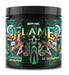 A small black container of Flame pre-workout by Dark Labs with colorful psychedelic art and intricate design patterns on the label, suggesting intense energy and focus. The product flavor is Blueberry Lemonade.