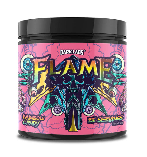 A vibrant black and pink container of Flame pre-workout by Dark Labs, with psychedelic art featuring bold blue and yellow accents. The flavor is listed as "Rainbow Candy," and it offers 25 servings.