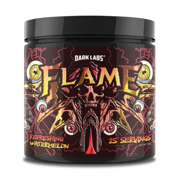 A black container of Flame pre-workout by Dark Labs with fiery, demonic-themed artwork on the label. The product flavor is "Refreshing Watermelon," and it contains 25 servings.