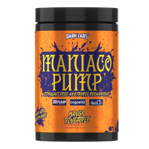 A container of Dark Labs Maniaco Pump pre-workout in mango pineapple flavor, featuring an orange label with bold text and logos for ingredients like 3D Pump®, CognatiQ®, and AstraGin®. The label emphasizes its stimulant-free, nootropic properties.