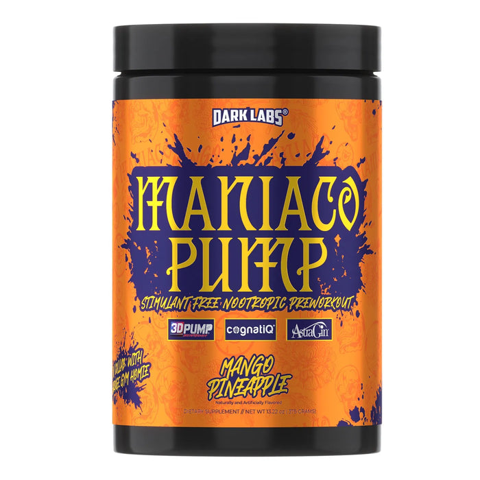 A container of Dark Labs Maniaco Pump pre-workout in mango pineapple flavor, featuring an orange label with bold text and logos for ingredients like 3D Pump®, CognatiQ®, and AstraGin®. The label emphasizes its stimulant-free, nootropic properties.