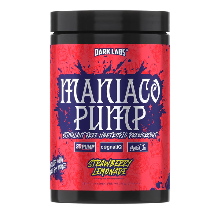 A container of Dark Labs Maniaco Pump pre-workout in strawberry lemonade flavor, featuring a red label with bold text and logos for key ingredients, including 3D Pump®, CognatiQ®, and AstraGin®. The label highlights it as a stimulant-free nootropic pre-workout.