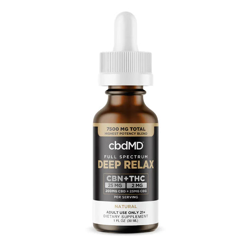 A bottle of cbdMD Deep Relax Full Spectrum Tincture featuring a clean, professional design. The label highlights 7500 mg total potency with 25 mg CBN, 2 mg THC, 200 mg CBD, and 25 mg CBG per serving. The tincture is labeled as natural, intended for adult use only (21+), and a dietary supplement with a 1 fl oz (30 mL) capacity.