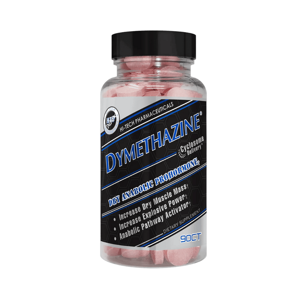 Dymethazine dietary supplement bottle by Hi-Tech Pharmaceuticals, labeled as a dry anabolic prohormone with benefits including increased dry muscle mass, explosive power, and anabolic pathway activation