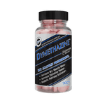 Dymethazine dietary supplement bottle by Hi-Tech Pharmaceuticals, labeled as a dry anabolic prohormone with benefits including increased dry muscle mass, explosive power, and anabolic pathway activation