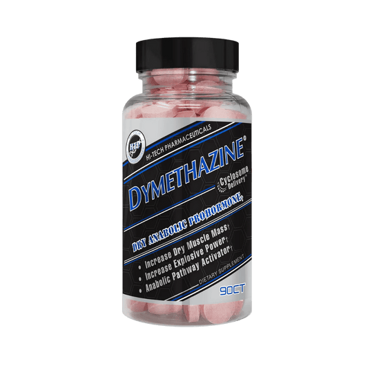 Dymethazine dietary supplement bottle by Hi-Tech Pharmaceuticals, labeled as a dry anabolic prohormone with benefits including increased dry muscle mass, explosive power, and anabolic pathway activation