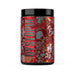 A product image of Dystopia Pre Workout, featuring a visually striking label with vibrant red, black, and teal artwork depicting skulls and flowers, giving an intense and edgy aesthetic. The container is black with a sleek design, showing the product name 'Dystopia' in bold vertical red letters.