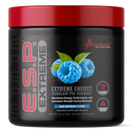 A front view of the Metabolic Nutrition E.S.P. Extreme Pre Workout container in the Blue Raspberry flavor. The label prominently displays "E.S.P. Extreme" and includes product details such as "Extreme Energy Stimulant Pre-Workout," "Maximizes Energy, Performance, and Increases Strength During Workouts," and "750 mg Caffeine." The label also emphasizes that the product is naturally and artificially flavored, with cautionary use indications.