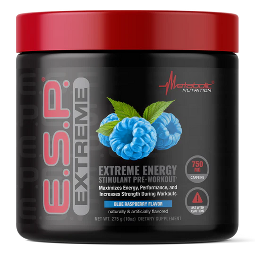 A front view of the Metabolic Nutrition E.S.P. Extreme Pre Workout container in the Blue Raspberry flavor. The label prominently displays "E.S.P. Extreme" and includes product details such as "Extreme Energy Stimulant Pre-Workout," "Maximizes Energy, Performance, and Increases Strength During Workouts," and "750 mg Caffeine." The label also emphasizes that the product is naturally and artificially flavored, with cautionary use indications.