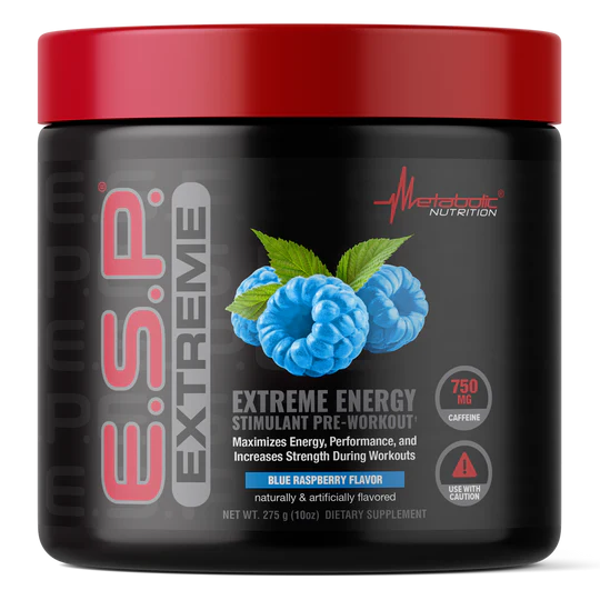 A front view of the Metabolic Nutrition E.S.P. Extreme Pre Workout container in the Blue Raspberry flavor. The label prominently displays "E.S.P. Extreme" and includes product details such as "Extreme Energy Stimulant Pre-Workout," "Maximizes Energy, Performance, and Increases Strength During Workouts," and "750 mg Caffeine." The label also emphasizes that the product is naturally and artificially flavored, with cautionary use indications.