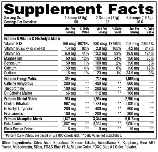 A Supplement Facts label for Metabolic Nutrition E.S.P. Extreme Pre Workout in the Blue Raspberry flavor. The table provides detailed information for 1, 2, and 3 scoops, including values for Vitamin B12, Vitamin B6, Vitamin B3, Magnesium, Potassium, Calcium, Sodium, and various ingredient matrices: Extreme Energy Matrix, Extreme Mental Matrix, and Extreme Absorption Matrix. The label also lists other ingredients, including Citric Acid, Sucralose, and Raspberry Blue Artificial Flavor.