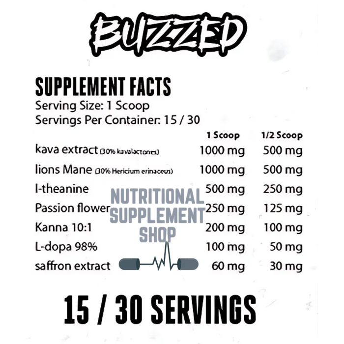 Buzzed supplement facts label, highlighting ingredients such as Kava Extract, Lions Mane, and L-Theanine, along with serving size and nutritional details.