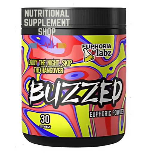 Euphoric Labz - Buzzed supplement jar with colorful, abstract artwork on the label, featuring the product name in bold lettering. Designed for mood enhancement and euphoria.