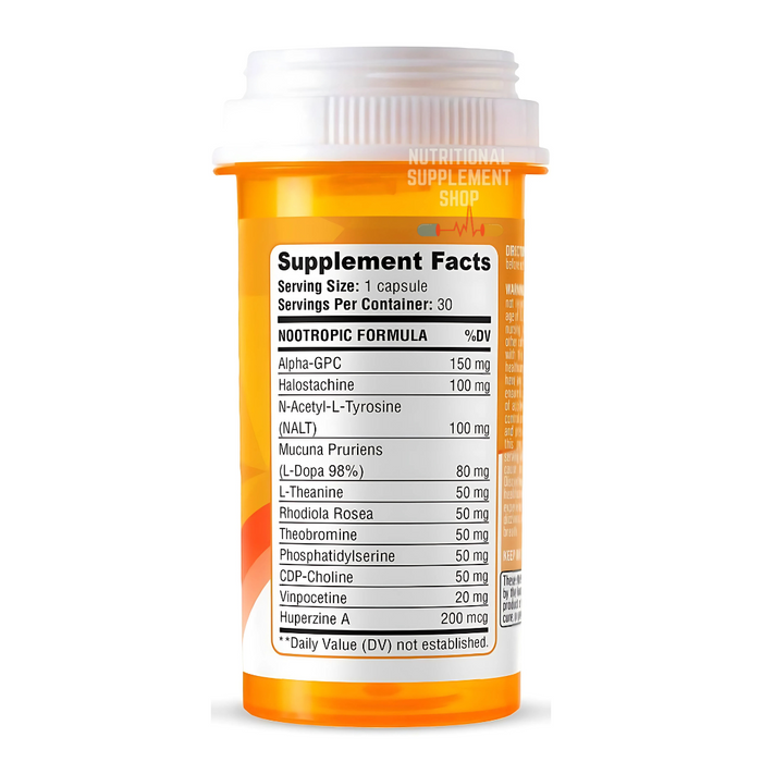 Detailed supplement facts of ADDY Capsules with nootropic formula ingredients and dosages.