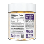 Back view of the FINAFLEX Creatine Gummies jar showing the Supplement Facts panel and suggested use instructions. The label highlights a serving size of 4 gummies, providing 5g of Creatine Monohydrate, with additional details on ingredients, allergen warnings, and usage recommendations. The text encourages users to 'Redefine Yourself,' and includes social media links and certifications such as GMP and FDA compliance.