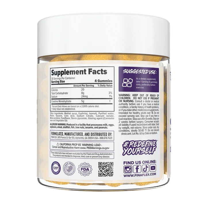 Back view of the FINAFLEX Creatine Gummies jar showing the Supplement Facts panel and suggested use instructions. The label highlights a serving size of 4 gummies, providing 5g of Creatine Monohydrate, with additional details on ingredients, allergen warnings, and usage recommendations. The text encourages users to 'Redefine Yourself,' and includes social media links and certifications such as GMP and FDA compliance.