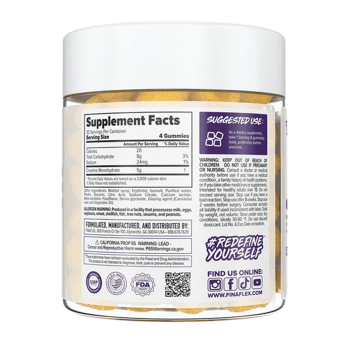 Back view of the FINAFLEX Creatine Gummies jar showing the Supplement Facts panel and suggested use instructions. The label highlights a serving size of 4 gummies, providing 5g of Creatine Monohydrate, with additional details on ingredients, allergen warnings, and usage recommendations. The text encourages users to 'Redefine Yourself,' and includes social media links and certifications such as GMP and FDA compliance.