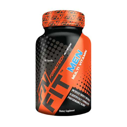 Formutech Nutrition FIT Men Multi Vitamin bottle featuring a bold black and orange design with blue accents. The label highlights benefits such as increased energy, scientifically formulated performance, and 90 capsules per bottle.