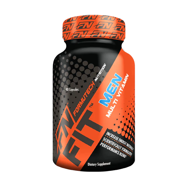 Formutech Nutrition FIT Men Multi Vitamin bottle featuring a bold black and orange design with blue accents. The label highlights benefits such as increased energy, scientifically formulated performance, and 90 capsules per bottle.