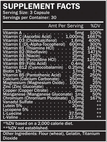 Supplement facts label for Formutech Nutrition FIT Men Multi Vitamin, detailing the vitamins, minerals, and other ingredients included in each serving, such as Vitamin A, Vitamin D3, Calcium, Magnesium, Coenzyme Q10, and more.