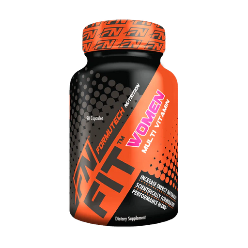 Formutech Nutrition FIT Women Multi Vitamin bottle featuring a sleek black and orange design with pink accents. The label highlights benefits such as increased energy, scientifically formulated performance, and 90 capsules per bottle.