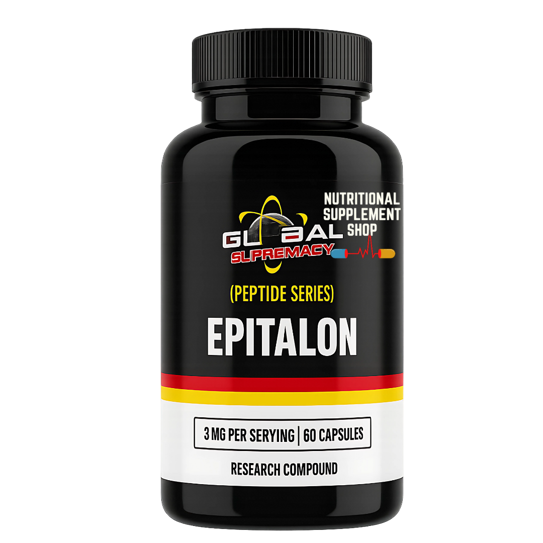Black supplement bottle labeled 'Epitalon' from Global Supremacy on a white background