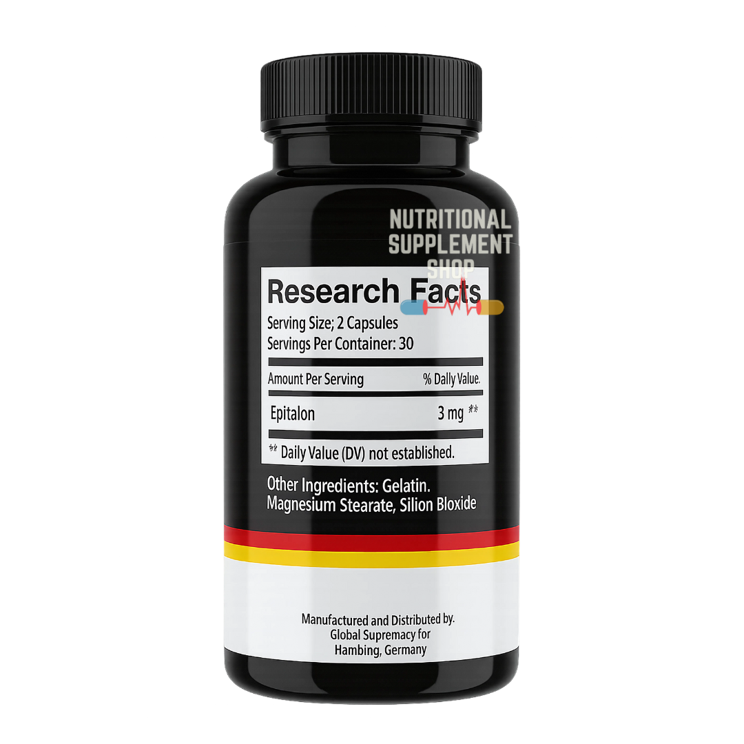 Black supplement bottle with label on a white background