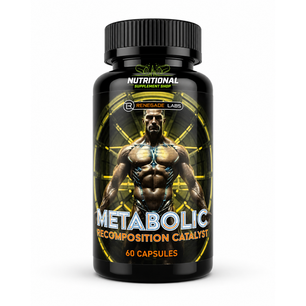 Supplement bottle labeled 'Metabolic Recomposition Catalyst' by Renegade Labs on a white background
