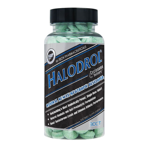 A bottle of Hi-Tech Pharmaceuticals Halodrol dietary supplement, containing 30 tablets. The label promotes it as a maximal muscle myotropic developer, formulated to boost testosterone levels and enhance athletic performance. The product uses Cyclosome™ delivery technology for potent anabolic and anti-proteolytic effects, aimed at bodybuilders seeking increased muscle growth.