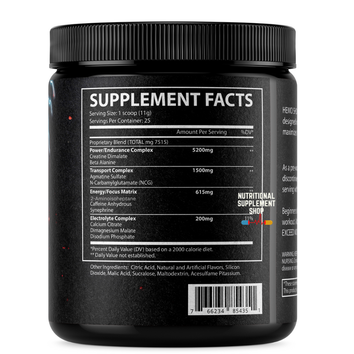 Back view of Hemoshock Pre Workout by GenTech Pharma Labs, displaying the Supplement Facts label. Ingredients listed include Creatine Dimalate, Beta-Alanine, Agmatine Sulfate, N-Carbamylglutamate, 2-Aminoisoheptane, Caffeine Anhydrous, and Synephrine.