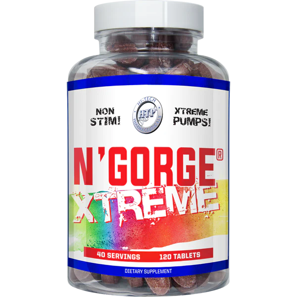 clear bottle with red tablets and white label of Hi Tech NGorge xtreme