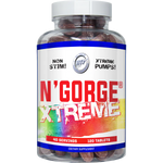 clear bottle with red tablets and white label of Hi Tech NGorge xtreme