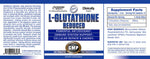 L-Glutathione supplement label with text and graphics on a white background