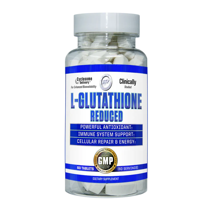 Bottle of L-Glutathione Reduced supplement with white and blue label on a white background