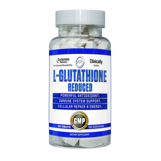 Bottle of L-Glutathione Reduced supplement with white and blue label on a white background