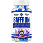 Supplement bottle labeled 'Saffron' with white and blue capsules on a white background