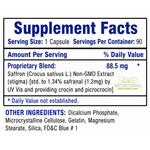 Supplement facts label for a capsule with Saffron extract, including serving size, servings per container, and ingredient list.