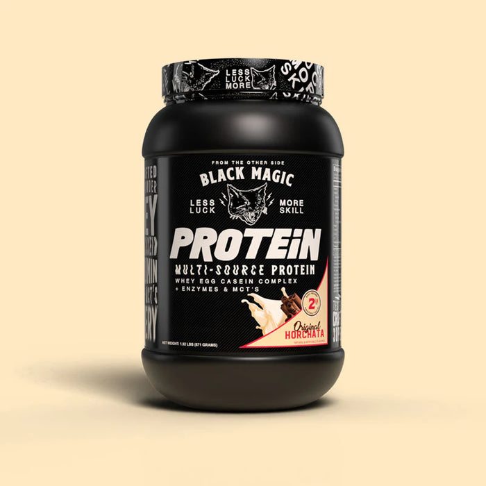 Black Magic Multi Source Protein container featuring the Original Horchata flavor. The label highlights the blend of whey, egg, casein complex, enzymes, and MCTs, with a black design and bold white text.