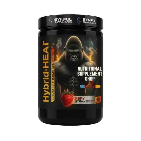 Supplement container with gorilla graphic and 'Hybrid Heat' branding on a white background