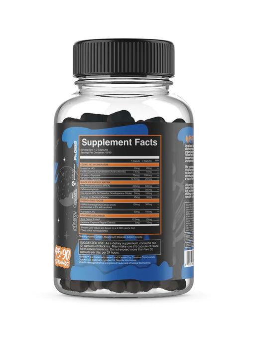 Clear bottle with black capsules and a black label supplement facts in white text for for ET Labs Black Ice