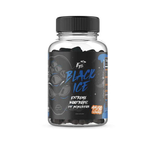Clear bottle with black capsules and a black label with blue text for ET Labs Black Ice