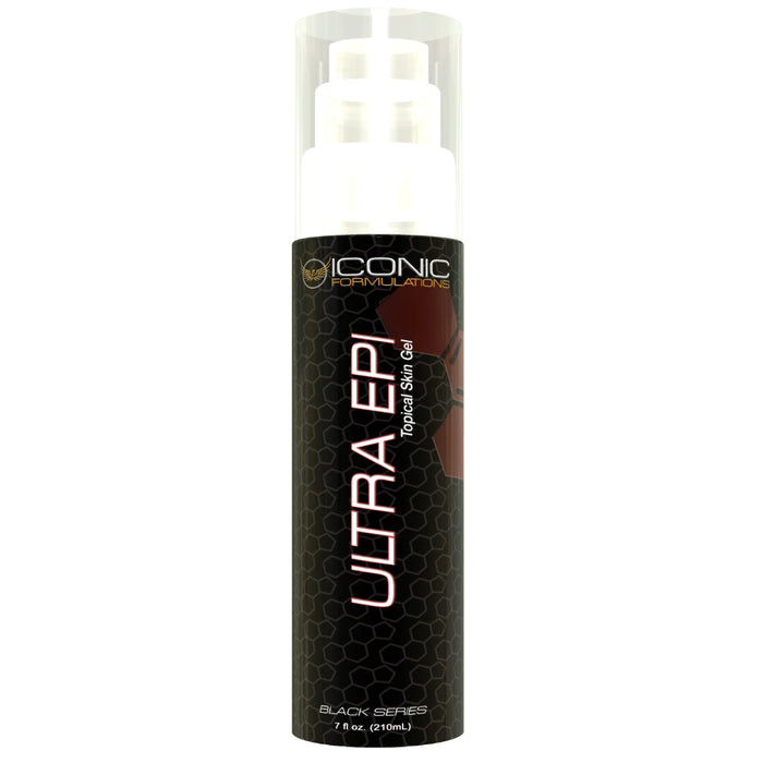 Iconic Formulations Ultra Epi product bottle featuring a sleek black design with honeycomb texture, white and red lettering. The label reads 'Ultra Epi Topical Skin Gel' with the 'Iconic Formulations' logo in gold at the top. The bottle size is 7 fl oz (210 mL).