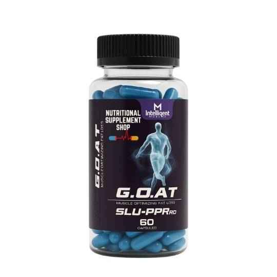 Supplement bottle with blue capsules on a white background