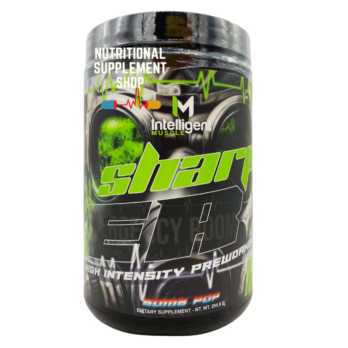 Front view of the Intelligent Muscle Sharp ER Pre Workout container. The label prominently features the product name 'Sharp ER' in bold green letters, along with the tagline 'High Intensity Pre-Workout.' The flavor is indicated as 'Juicy Pump,' and the container holds 295g of the dietary supplement.