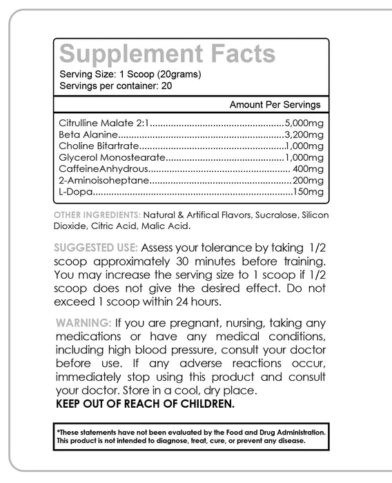 A label titled "Supplement Facts" for a dietary product, detailing ingredients like Citrulline Malate and Beta Alanine, usage instructions, and a warning.