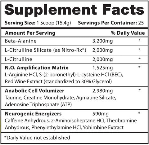 Supplement facts for AMP3d Pre Workout by Hi-Tech Pharmaceuticals, detailing ingredients per serving including Beta-Alanine, L-Citrulline Silicate, L-Citrulline, N.O. Amplification Matrix, Anabolic Cell Volumizer, and Neurogenic Energizers.