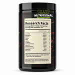 A black plastic tub of Nutritional Supplement Shop protein powder with a black lid, featuring a large white 'Research Facts' label with a detailed supplement ingredient list.