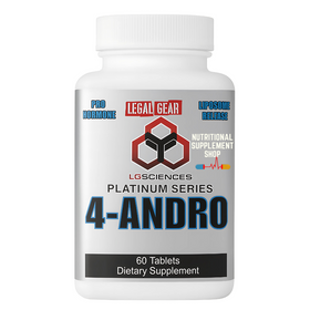 Supplement bottle labeled '4-Andro' with branding on a white background